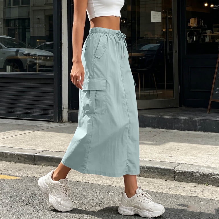 Cargo Skirts for Women Drawstring Waist Midi Skirt with Pockets