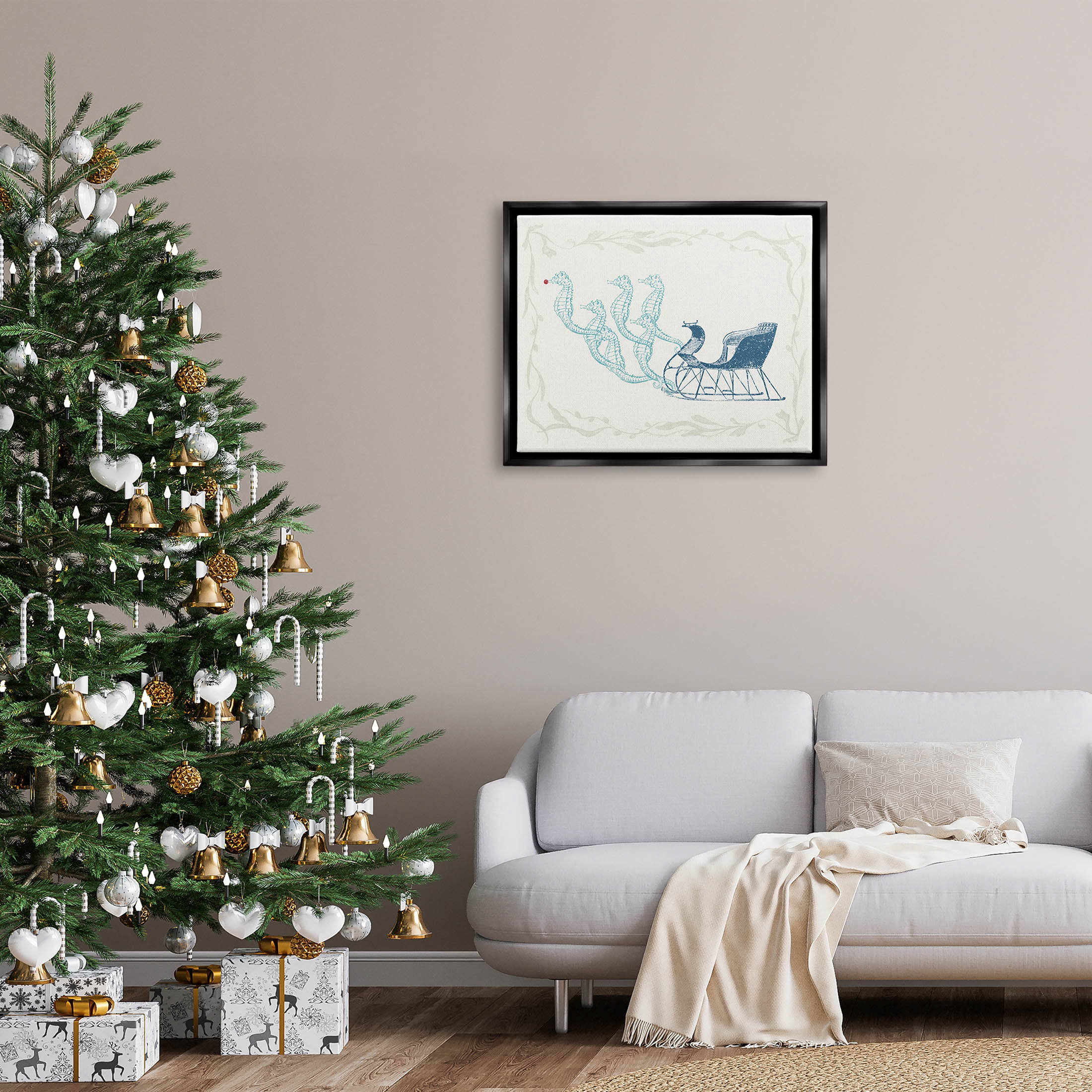 Seahorse Santa Sled Nautical Christmas Holiday Graphic Art Jet Black Framed Art Print Wall Art
