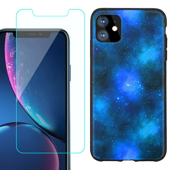 For Apple iPhone 11 Phone Case , Slim-Fit TPU Protective Case (Black), with Tempered Glass Screen Protector, by OneToughShield ® - Cosmos/Stars