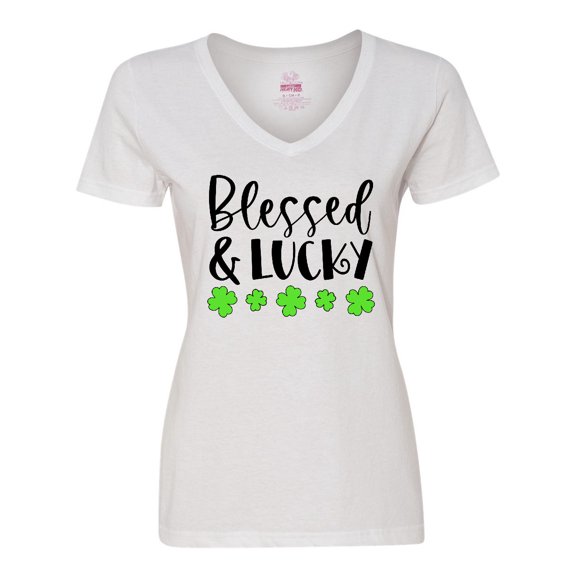 Inktastic Blessed and Lucky 4 Leaf Clovers St. Patrick's Day Women's V-Neck T-Shirt