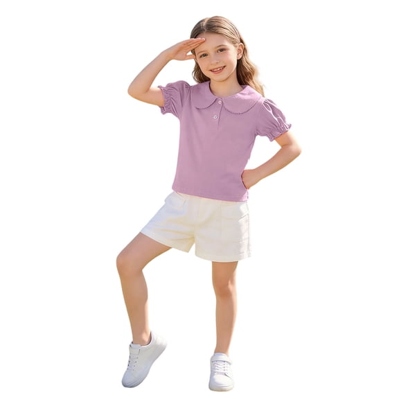 Girls Puff Sleeve Blouse Peter Pan Collar Cotton Shirt Kids Short Sleeve Button Top Purple,Size 12 Months