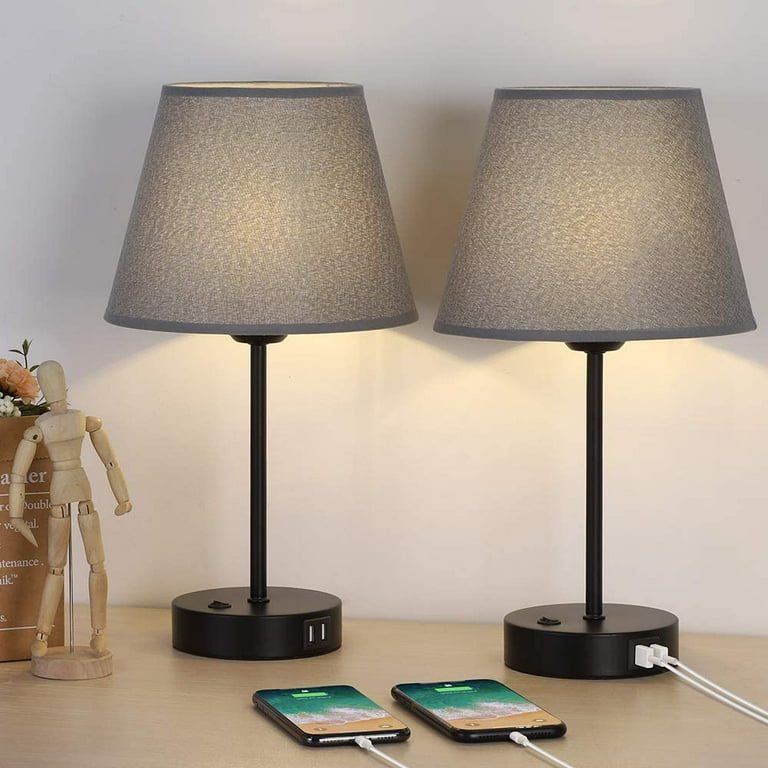 Bedside Table Lamps with Dual USB Charging Ports Set of 2 Modern Lamps with Gray Fabric Shade Stylish Desk Lamp for Bedroom Living Room Study Room