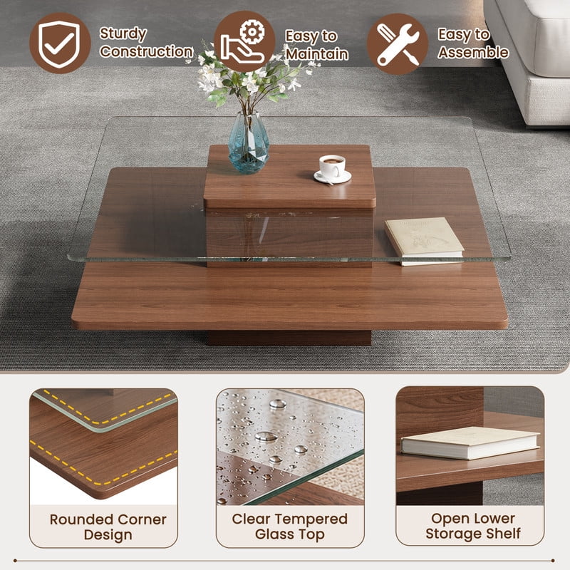 31.5''W Square Cocktail Coffee Table with Clear Tempered Glass Top, 2-Tier Accent Center Table with Open Storage Shelf
