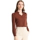 thumbnail image 1 of Camisa abotonada cuello alto escote En V recortado carrera primavera para mujer Allegra K Marron oscuro M, 1 of 6