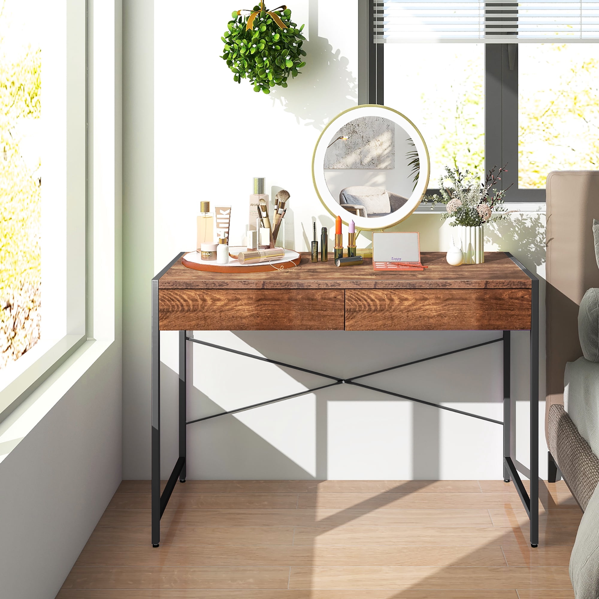 Costway Computer Desk Metal Frame Study Table Home Office Workstation w/2 Drawers Rustic