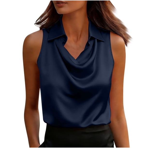 Tops Casuales sin Mangas para las Mujeres Color Sólido Solapa Cuello Colgante Blusa de Satén, Elegante Suéter sin Mangas para las Mujeres Oficina de Verano