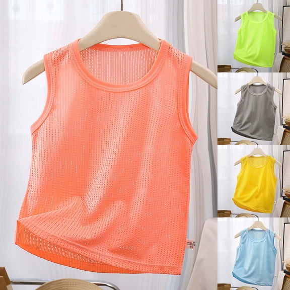 SOFTCCLO Boys T shirts Sleeveless Crewneck Solid Color Tops Mesh Fabric Summer Sport Loose Breathable Kids Tank T Shirts 3-4Y