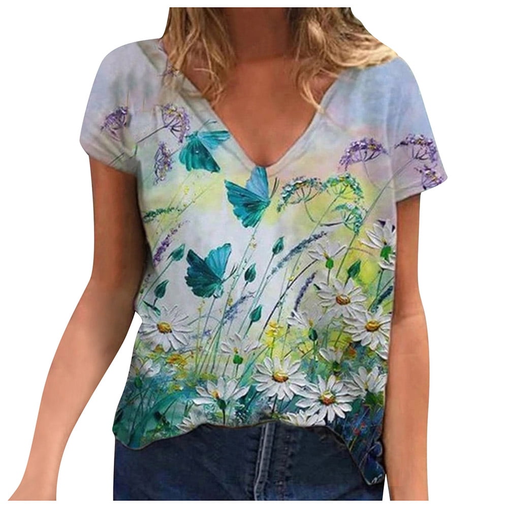 Plus Size Womens V Neck Summer Tee Tops Ladies Print Casual Loose T-Shirt Blouse