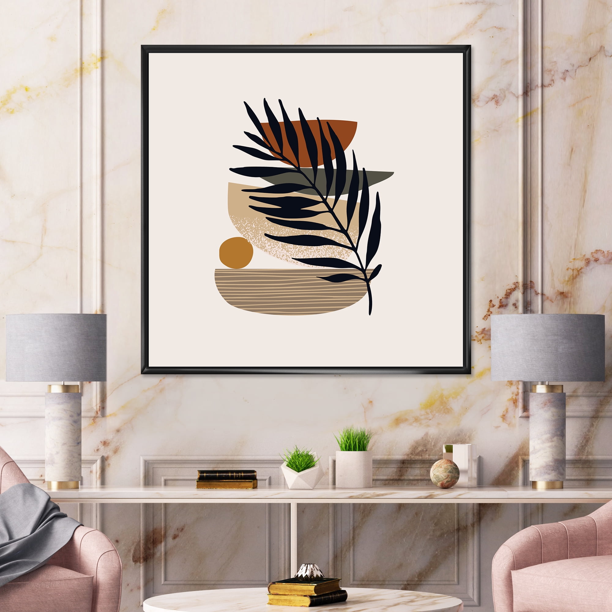 Designart 'Shapes and Tropical Leaf Silhouettes IV' Modern Framed Canvas Wall Art Print