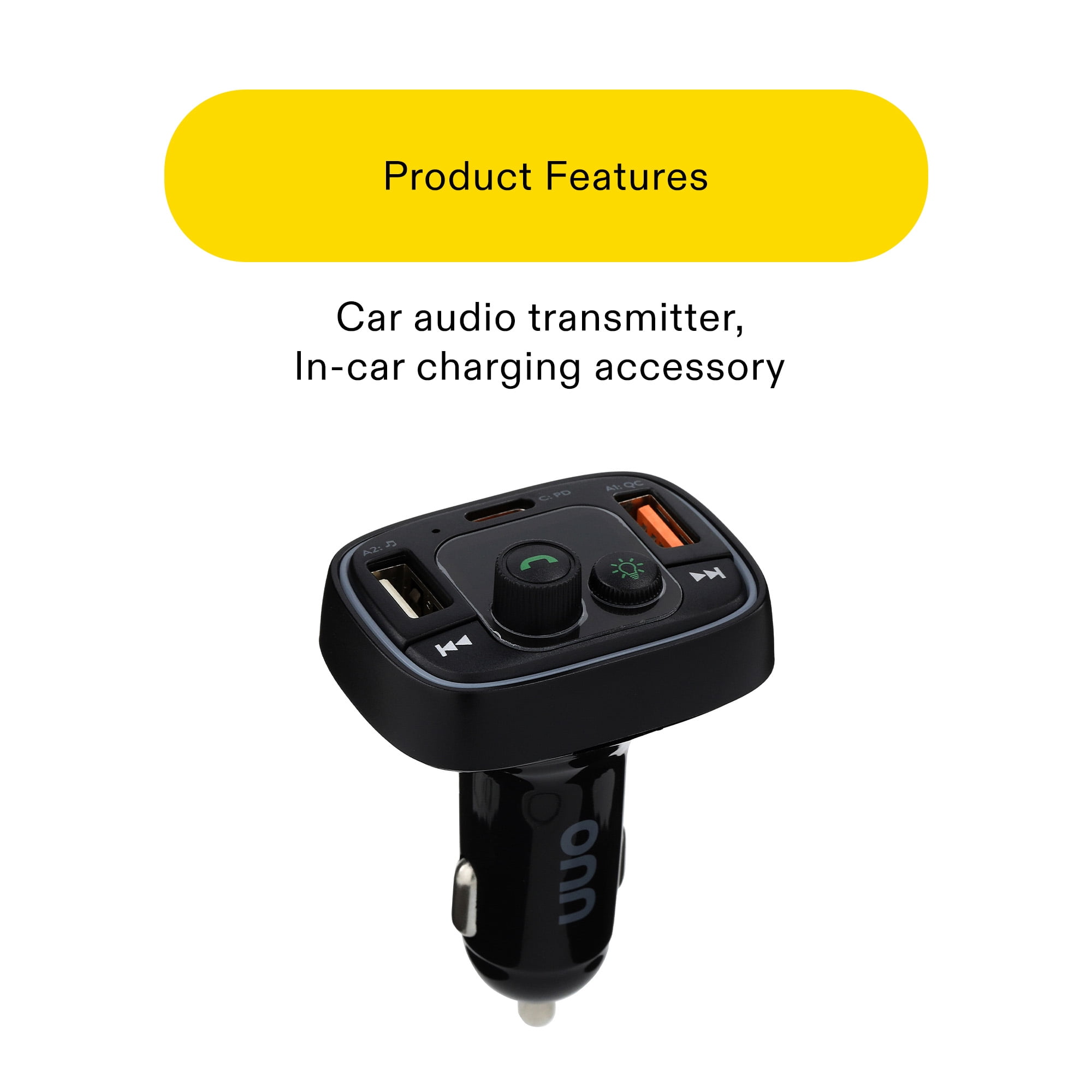 onn 20W/18W Wireless FM Transmitter and Car Charger