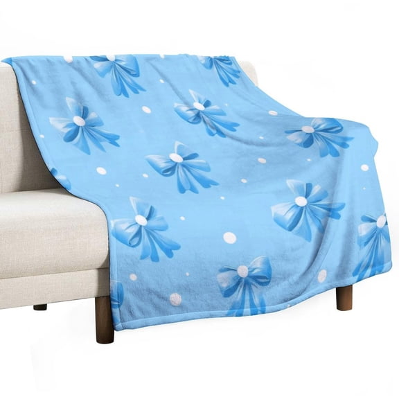 Blue Bow Pattern Throw Blanket Warm Microfiber Flannel Bedroom Decor Blankets For Beds