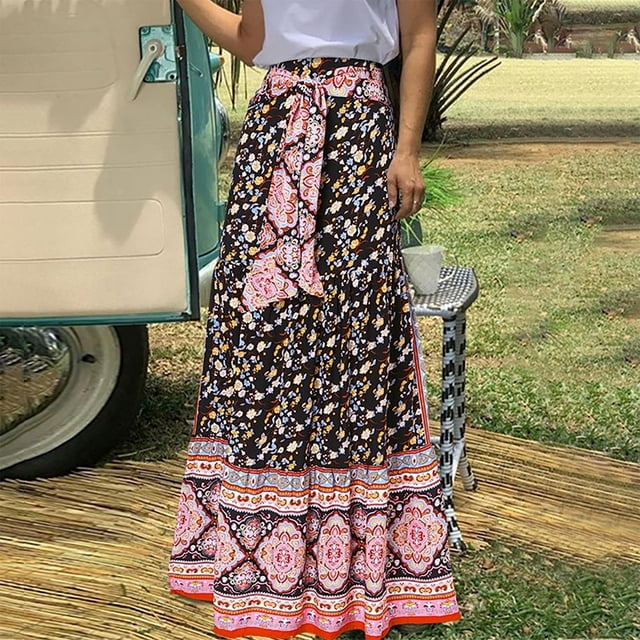 LSLJS Fashion Women Printing Casual Ruched Ruffles Elastic Waist Skirts, Boho Skirts