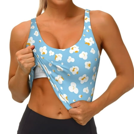 Qokaie Blue Popcorn Pattern Womens Scoop Neck Sports Bra Breathable Workout Vest Padded U Back Medium Impact Fitness Gym Yoga Bra Workout Crop Top
