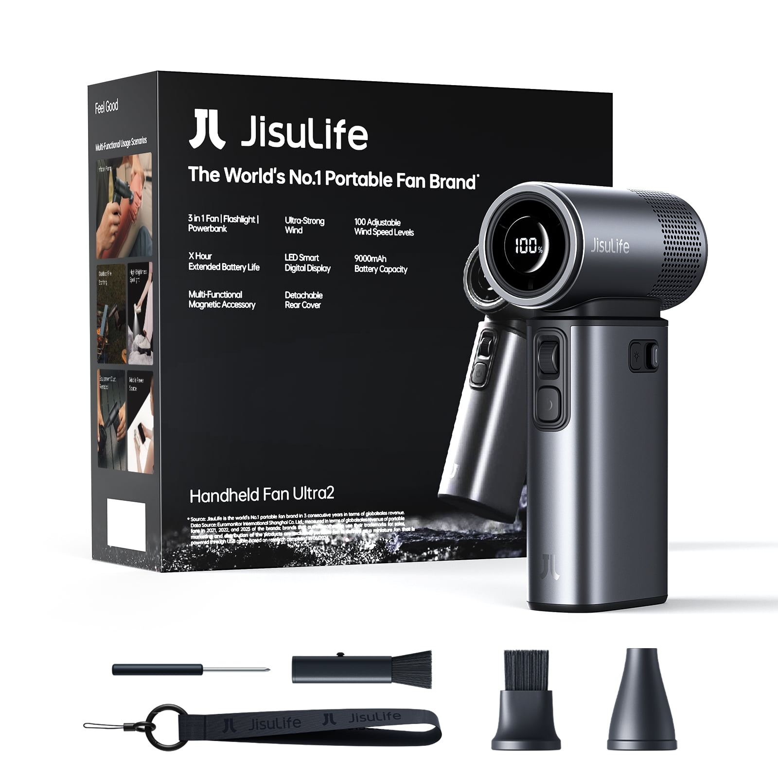 JISULIFE 2026 Portable Fan Ultra2, 9000mAh Max 25 Hrs, 5 IN 1, 100 Speed Turbo Fan Rechargeable 18W Power Bank with Flashlight, Metal Shell Multi-Function Travel Essentials Gifts for Men-Grey