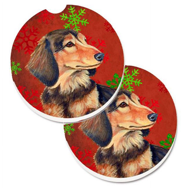 Carolines Treasures LH9346CARC Dachshund Flocons de Neige Rouges et Verts Ensemble de Noël de 2 Porte-Gobelets sous-Verre de Voiture