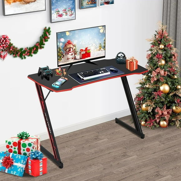 39" Gaming Table Z Shaped Gaming Desk Large Home Office Desks Computer Workstation Desk Table Ergonomic Gamer Writing Desk with Headphone Hook for Game Player, Red