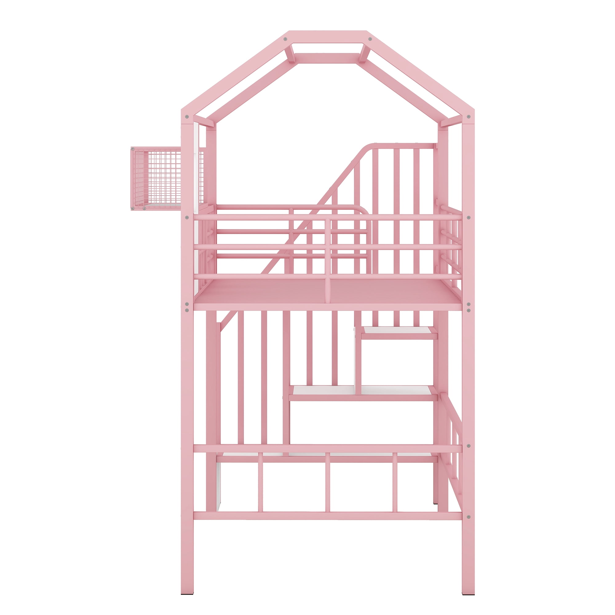 Euroco Twin Loft Bed with Cabinet, Solid Metal House Bed for Kids Teens, Pink