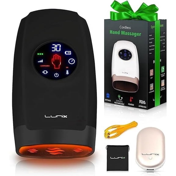 Lunix LX7 Hand Massager with Touchscreen Controls, Heat & Compression, Pressure Point Therapy, Arthritis & Carpal Tunnel Relief, Black