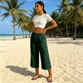 thumbnail image 3 of Capris for Women Casual Summer New Wide Leg Capri for Women Elastic Waist Loose Casual Cropped Pants Summer Lightweight Soft Beach Vacation Bottoms Green M, 3 of 8