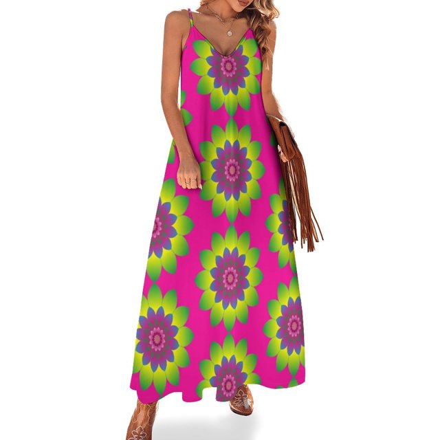 Nuevo vestido retro sin mangas con estampado de flores de mandala para mujer, vestido morado para mujer