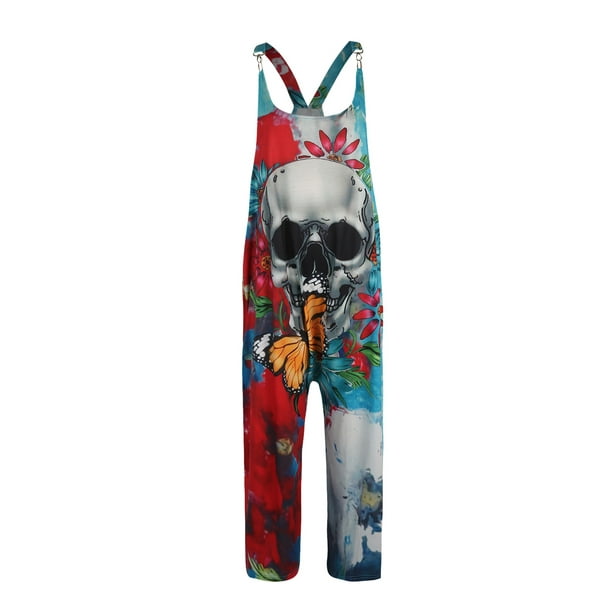 VISgogo Mono de Halloween para Mujer, Estampado de Flores y Esqueleto Cuello en U de Una Pieza, S/ M/ L/ XL/ XXL VISgogo moda
