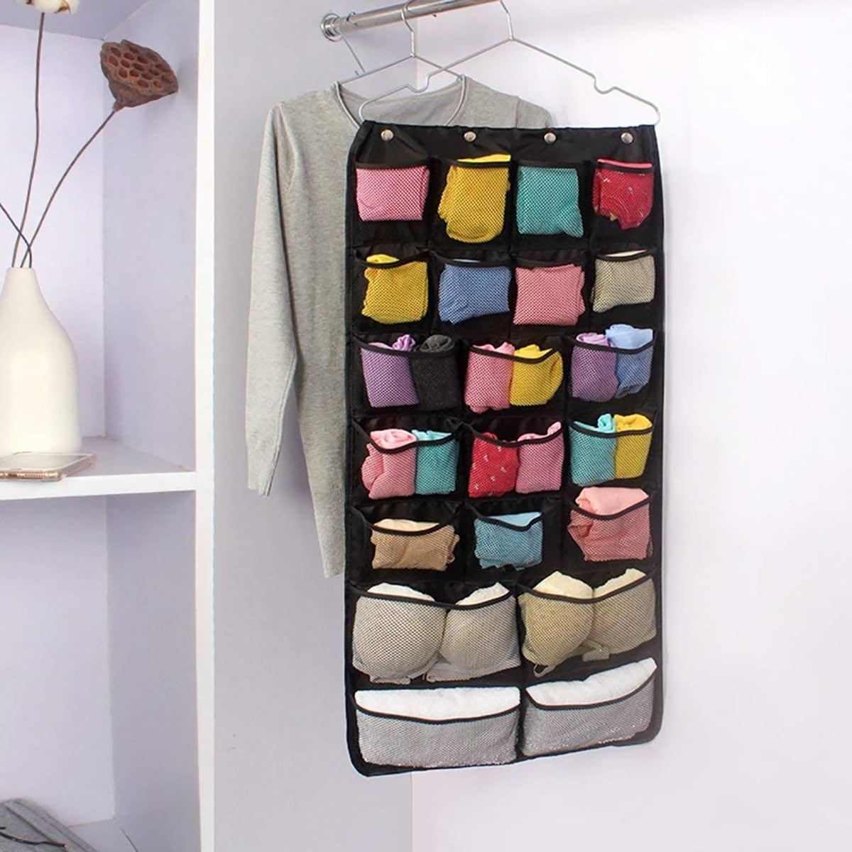 Kepooman Dual-Sided Hanging Closet Organizer with 42 Mesh Pockets & Metal Hanger for Bra Underwear Underpants Socks, Black Kepooman Dual-Sided Hanging Closet Organizer with 42 Mesh Pockets & Metal Hanger for Bra Underwear Underpants Socks, Black