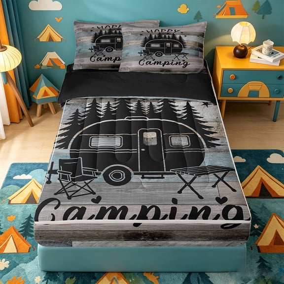 catabedysis Rustic Camping Zipper Twin Comforter Sets with Fitted Sheet and 2 Pillowcases,Camper Silhouette Print Zipper Bedding Set For Boys,Multicolor,Black Reversible,4-Piece