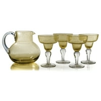 Artland Iris Seeded Citrine 5 Piece Hand Blown Glass 2.8 Quart Pitcher and Margarita Glass Set by Artland