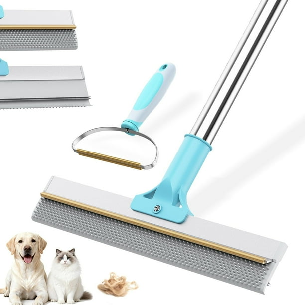 Rastrillo de alfombra para depilación de mascotas, escoba de silicona reutilizable 3 en 1, cepillo para polvo rascador de alfombra ajustable de 54 pulgadas con removedor de pelusa y diseño