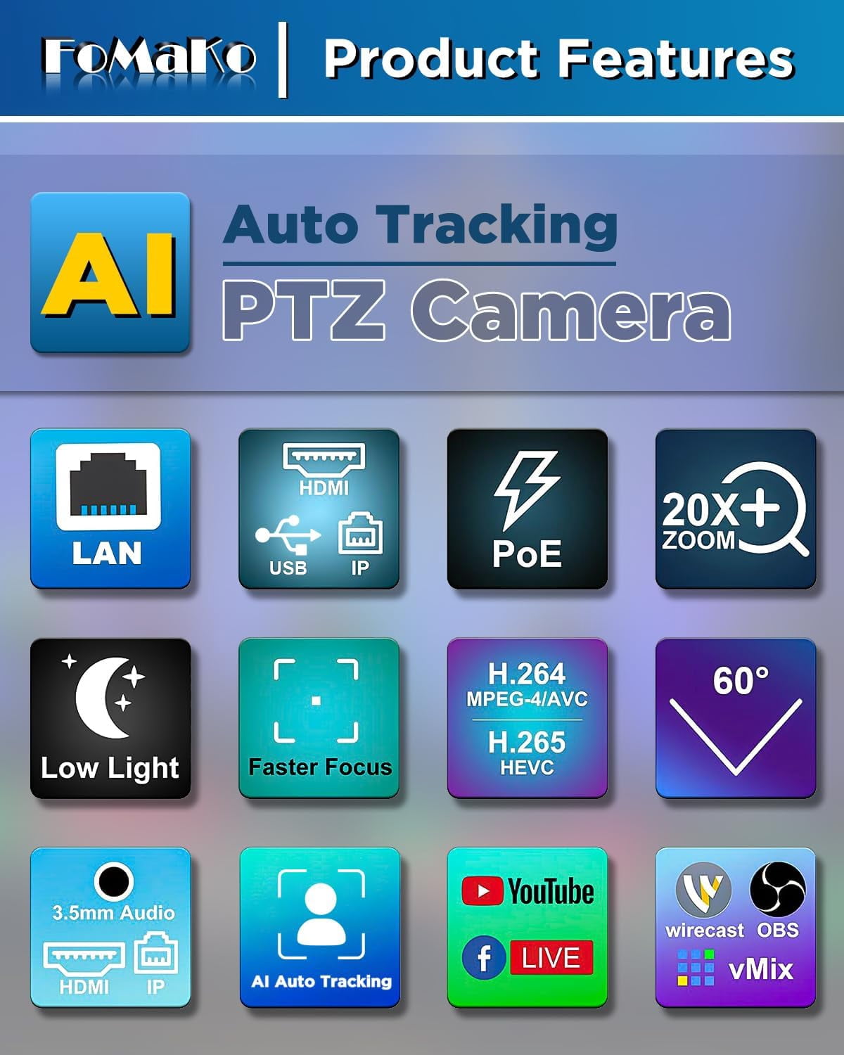FoMaKo AI Auto Tracking HDMI PTZ Camera, 20x Optical Zoom(3pcs), KC602 Video Mixer Switcher, for Church Services Worship Education(FMK12UH Pro-BX3+KC602)