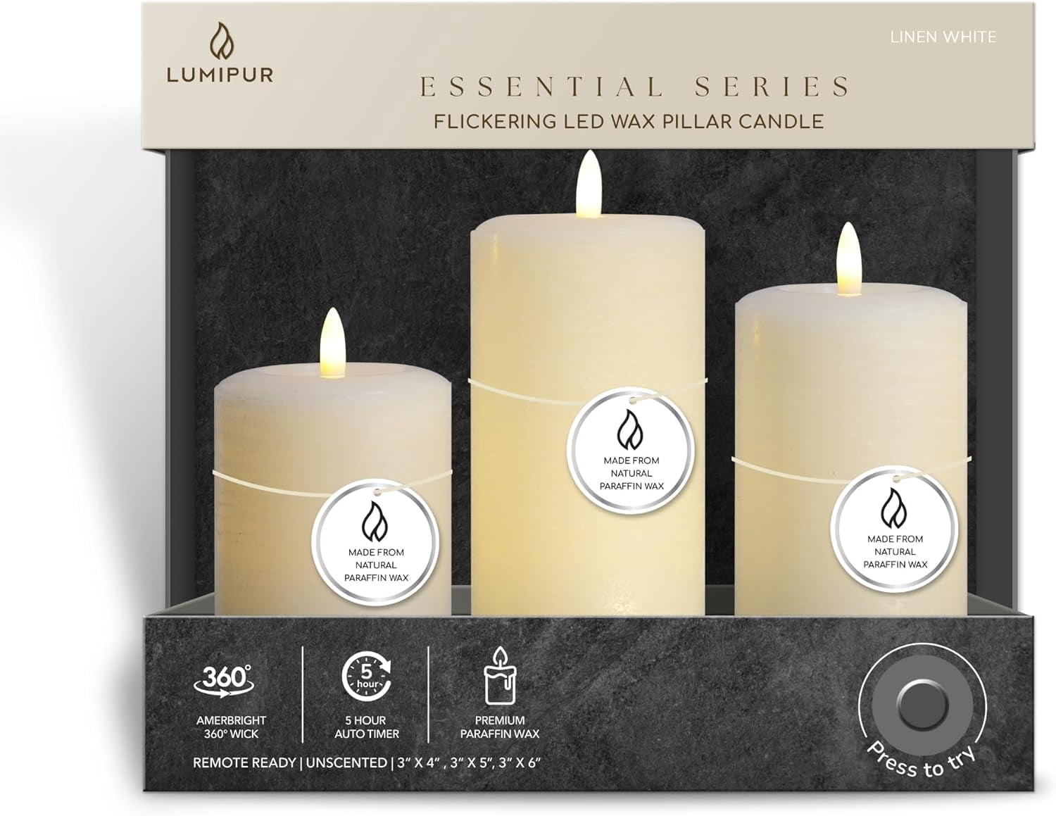 LumiPur Flameless Candles, Flickering LED Battery Operated Wax Pillar Candle, Linen White, 3-Pack