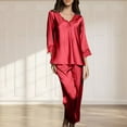 thumbnail image 2 of Women's Silk Satin Pajamas 2 Piece Outfits Casual Soft Lace V Neck 3/4 Sleeve Shirts and Pants Sets Sleepwear Pjs Red, 2 of 9