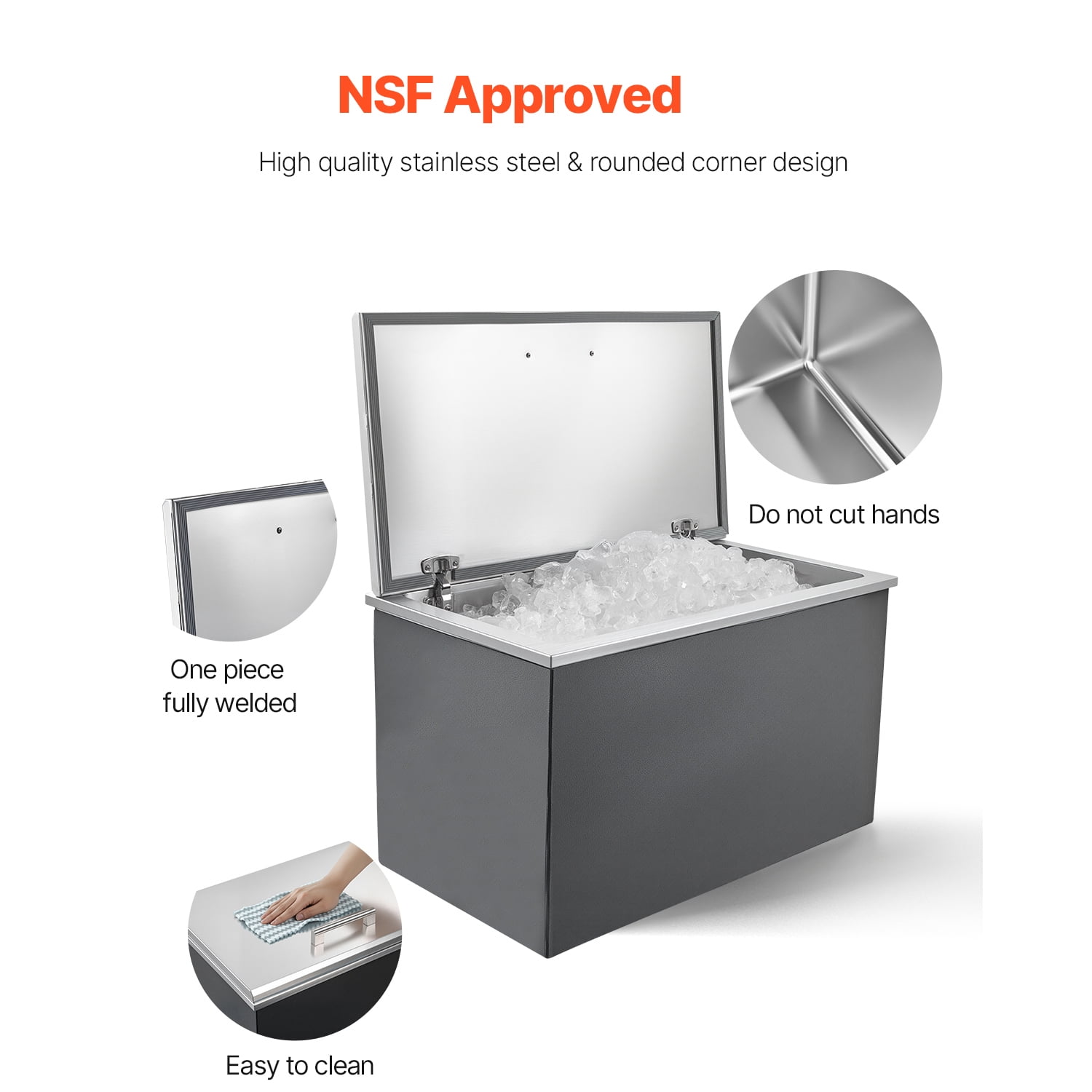 KFFKFF Stainless Steel Drop-In Ice Chest, 28"L x 16"W x 17"H, 87.6 Quart Cooler with Flip Lid for Outdoor Kitchen, Patio Bar, Includes Drain-Pipe Set for Chilling Beverages