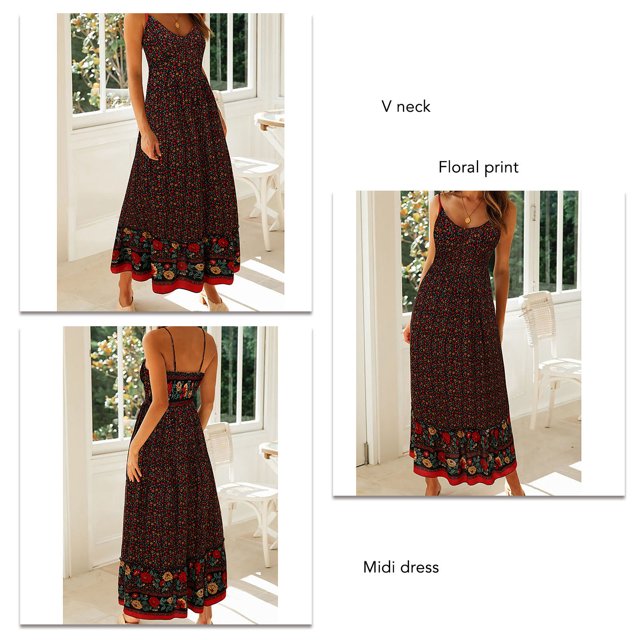 Vestido con tirantes finos, vestido con estampado floral, cintura elástica transpirable para la vida diaria para actividades al aire libre en interiores LYUMO ropa de mujer