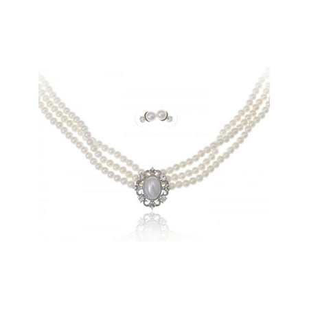 - Formal Faux White Pearl Clear Rhinestone Three Layer Collar Necklace Earring Set