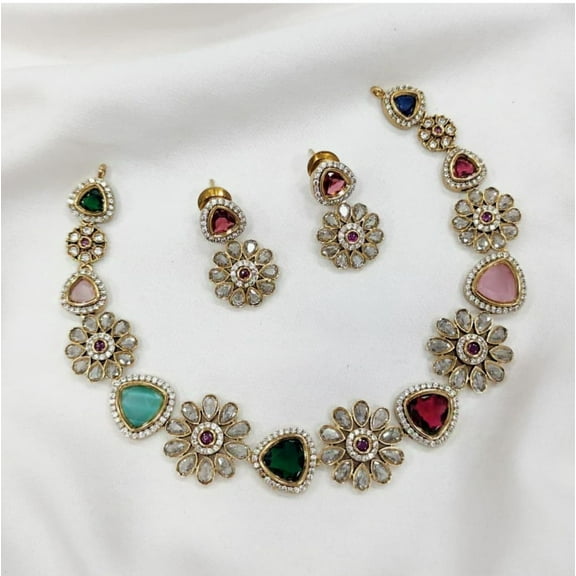 South Indian Bollywood Victorian & Floral Multicolor Kemp Stone Matte Gold-Plated Choker Necklace Set with Earrings – Bridal Jewelry by Haya Jewel.