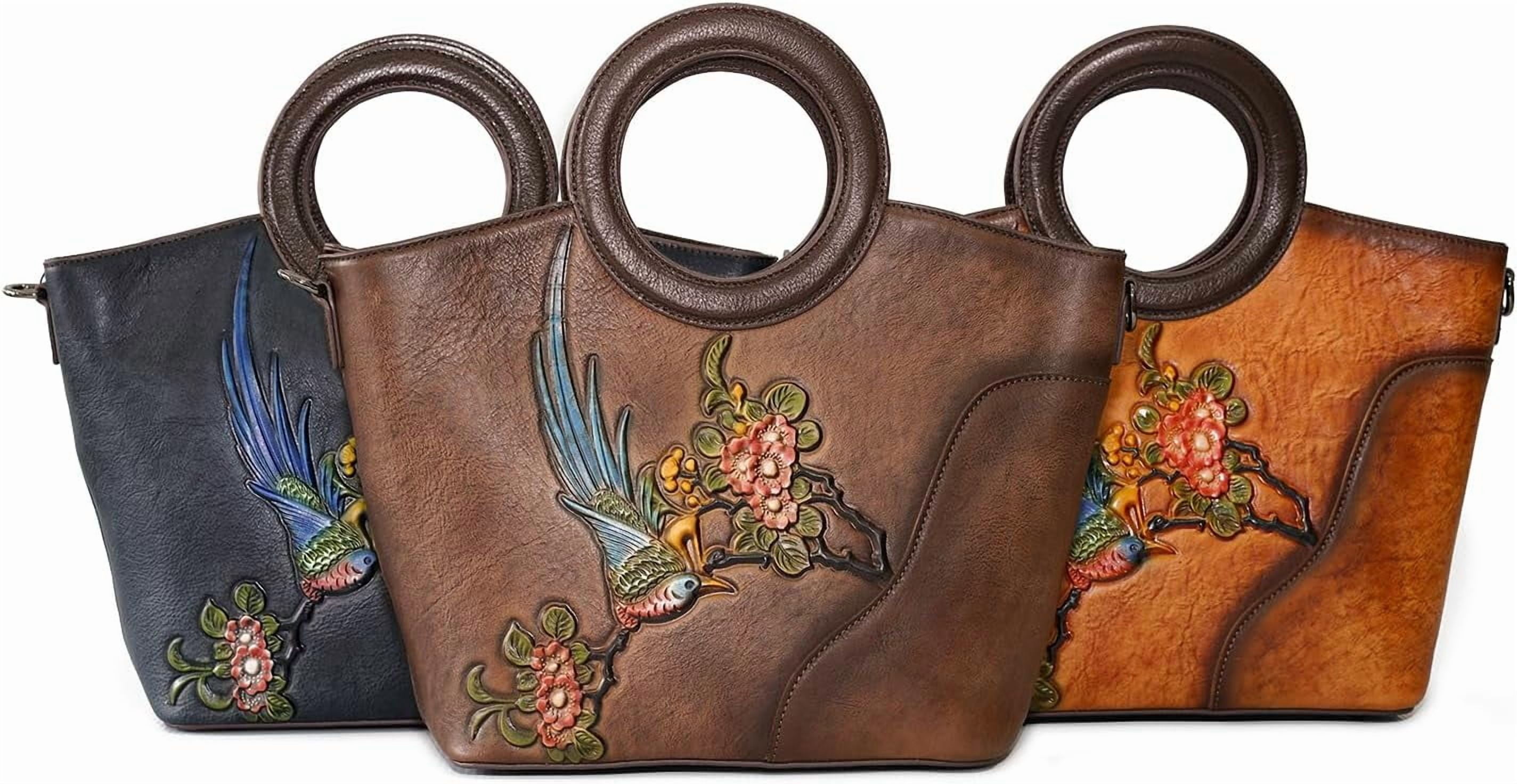 Kwuty Leather Satchel for Women Top Handle Bags Handmade Purse Vintage Embossed Leather Crossbody Handbags Hobo Bag