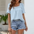 thumbnail image 3 of Camisa de manga corta con volantes de verano para mujer, camiseta linda con volantes, camiseta de manga corta de color puro para mujer, azul claro XL, 3 of 8