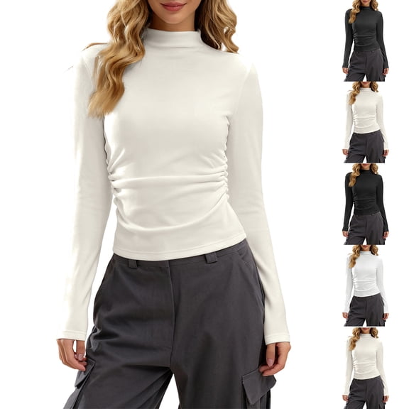 Women's Turtleneck Long Sleeve Shirts Tight Thermal Layering Basic Tops Slim Fit Mock Undershirt Tees Winter Fall Beige M