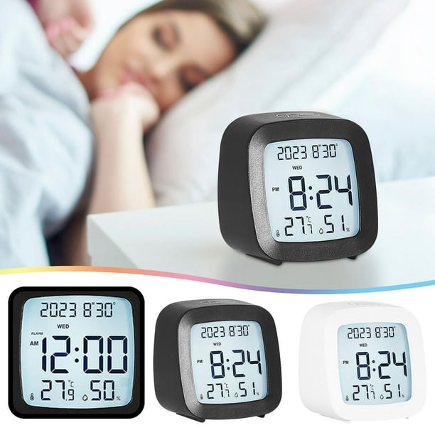 Despertador digital con pantalla de temperatura e humedad - Reloj silencioso de mesilla, LCD compacto para hogar y oficina, 3,2 x 1,9 x 3,1 pulgadas