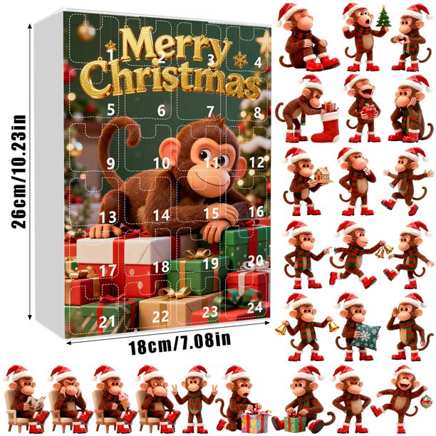 Calendarios de Adviento para Niños - Calendario de Adviento de Mono 2025 con 24 Adorables Ornamentos Temáticos de Mono - Perfecto para Árbol de Navidad Y Decoración Del Hogar