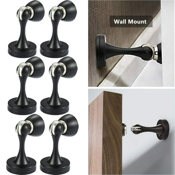 OBOSOE Door Stopper, Magnetic Door Stops, Brushed Satin Nickel, 6 Pack Wall Floor Mounted Black Magnetic Door Catch Door Holder, Stainless Steel Metal Soft-Catch Doorstop Door Stopper