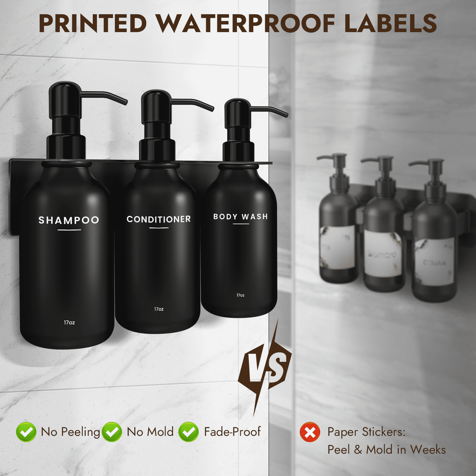 Nurforta Shampoo and Conditioner Dispenser - Shower Soap Dispenser Wall Mounted - 17 fl oz Set of 3 Black Plastic Bottles with Stainless Steel Pumps & No-Drill Adhesive Holders for Bathroom