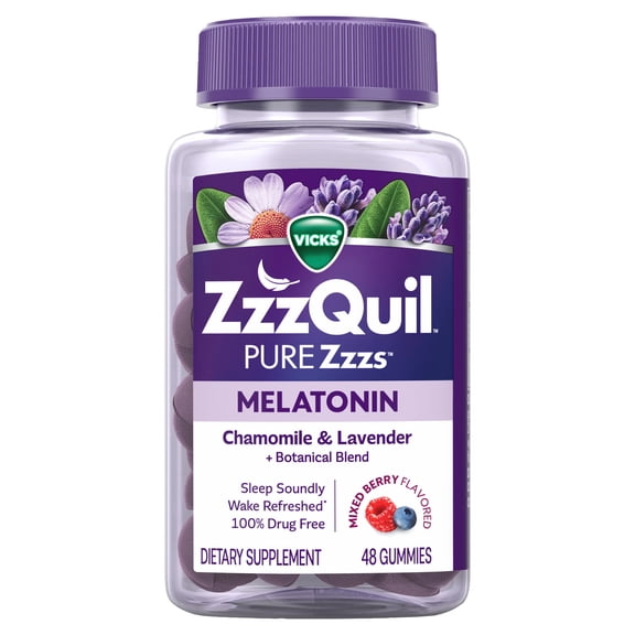 ZzzQuil PURE Zzzs Melatonin Gummies, Sleep Aid, Melatonin 2mg, Wildberry Vanilla Flavored 48 Sleep Gummies