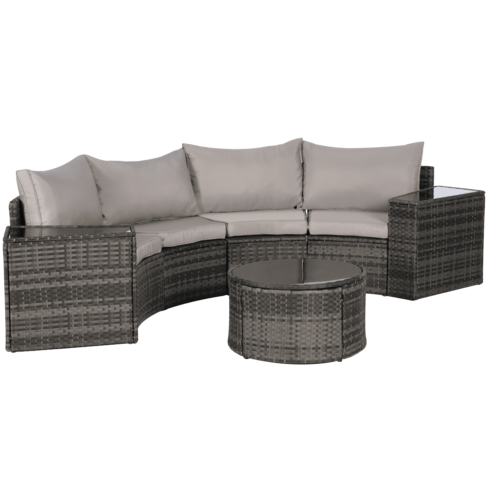 7-Piece Outdoor Patio Furniture Half-Moon Sectional Round Patio Furniture Set Sofa with Tempered Glass Round Coffee Table (Light Grey)