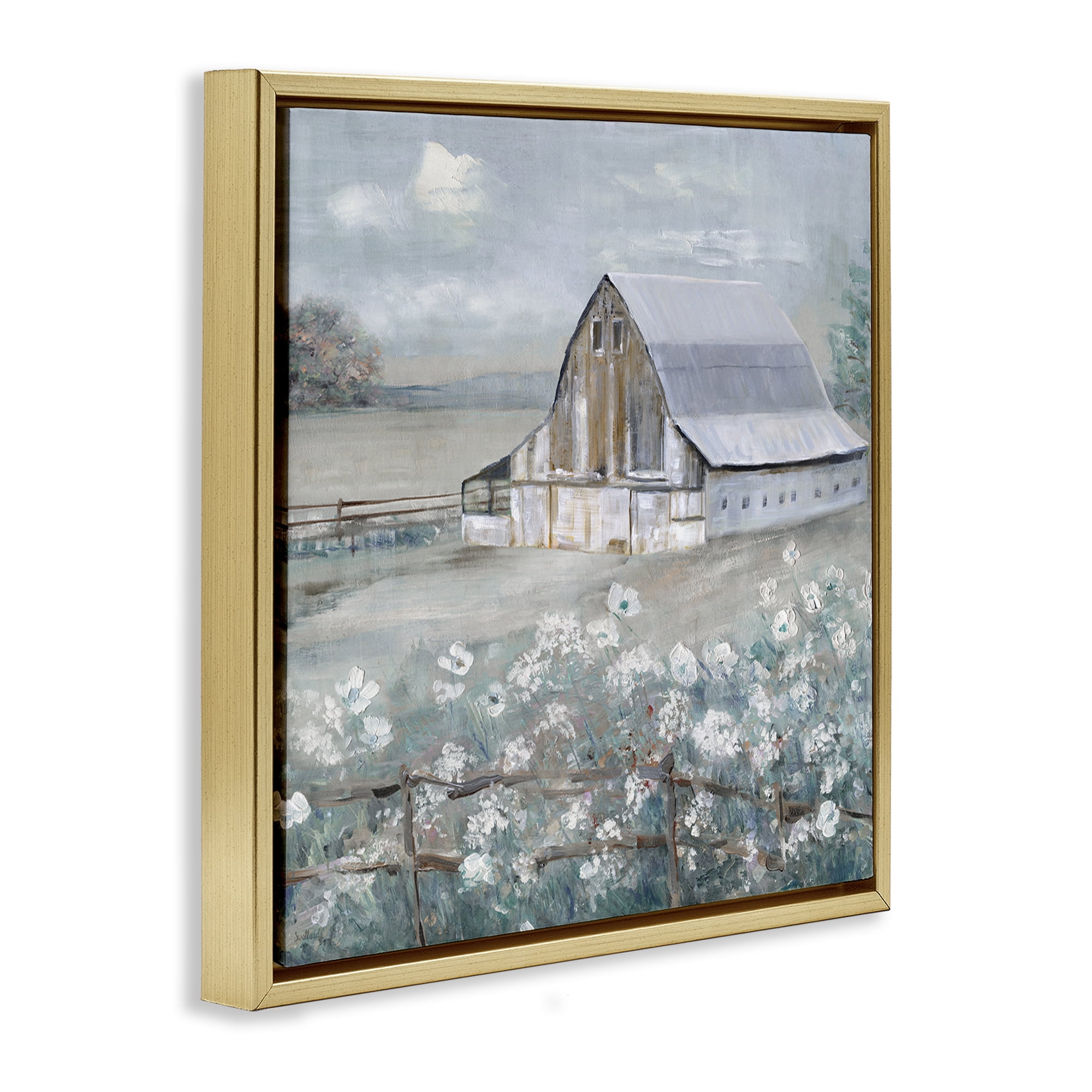 Stupell Industries Blooming Farmhouse Meadow Landscape & Nature Painting Gold Floater Framed Canvas Art Print Wall Art, 25 x 25
