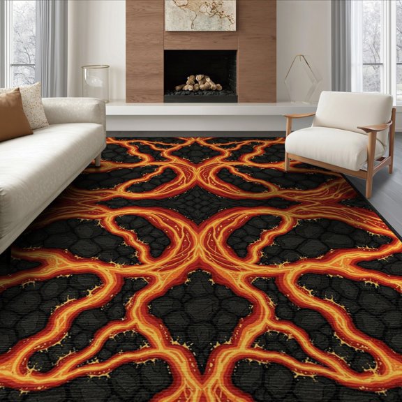 ODIKA 8'x10' Washable Area Rug Flow Illusion Design Featuring Fiery Ember Highlights Stone Motif for King Size Bedroom Under Bed, Master Suite, Non-Shedding, Easy Care