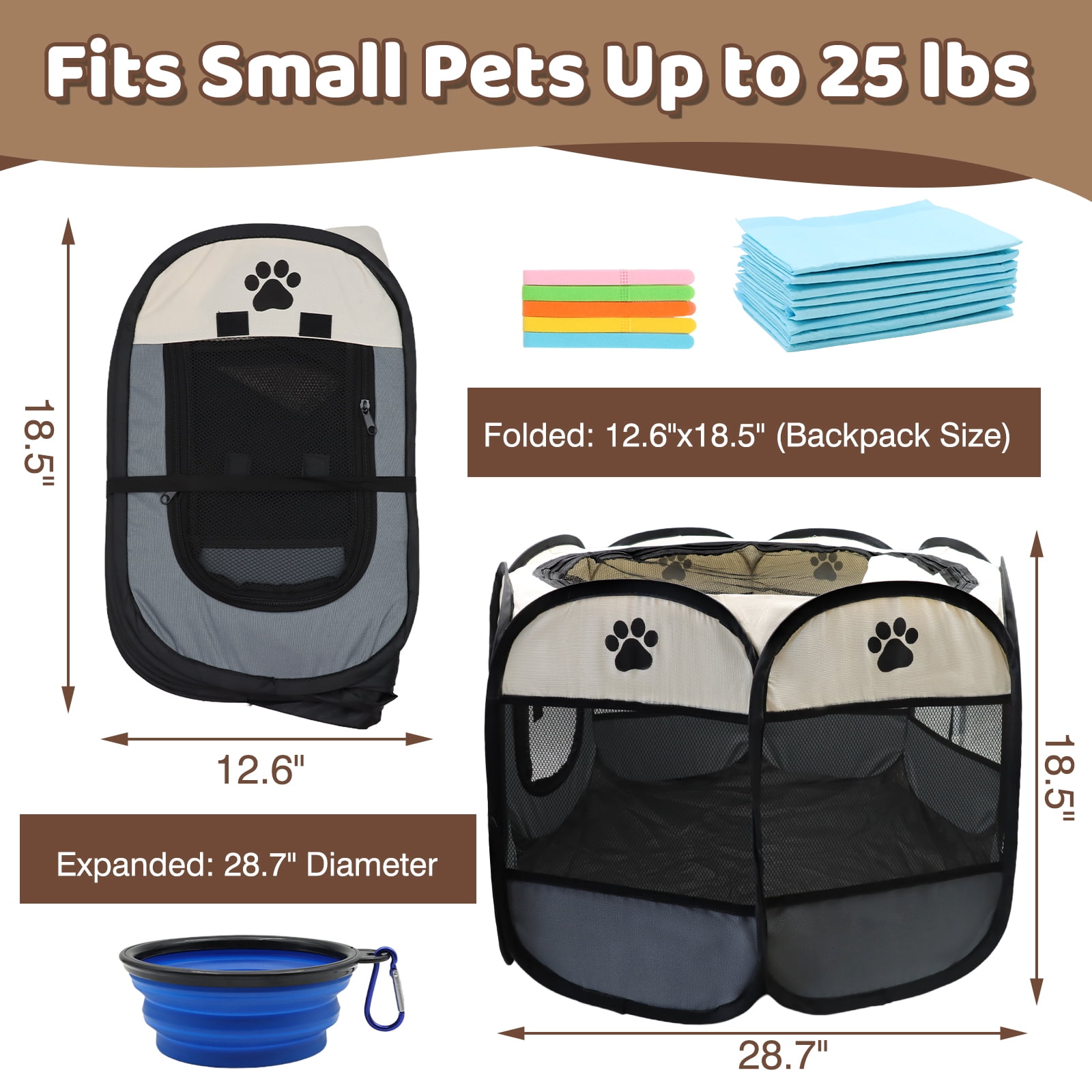 SPOKKI Pet Playpen Tent for Dogs & Cats, Portable Foldable Kennel with Carry Bag, 10 Pee Pads, Collapsible Bowl & ID Collars – Silver Gray, 29" x 18.5" (Indoor/Outdoor Use)