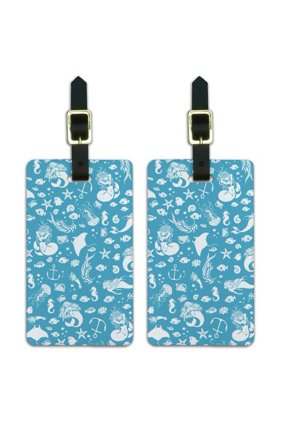 Blue Mermaid Pattern with Seashells Fish Manta Rays Ocean Luggage ID Tags Suitcase Carry-On Cards - Set of 2