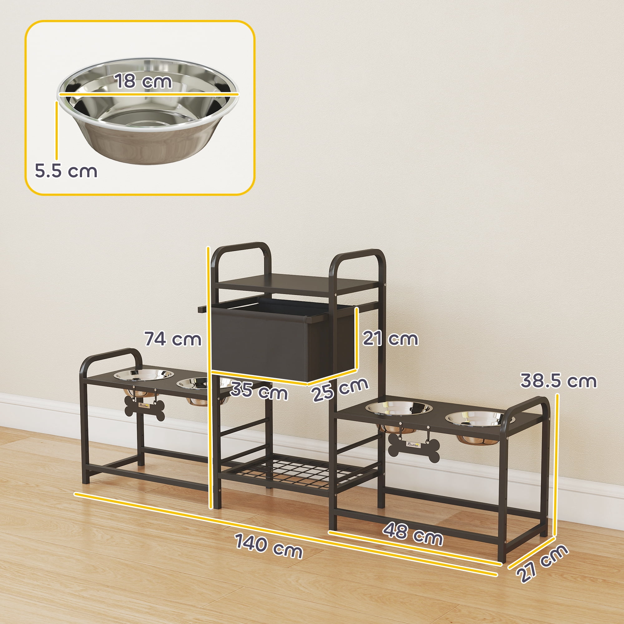 Dog Bowl Stand with 2 Feeding Stations, 3 Height Adjustable Elevated Dog Bowls with Toy Bin Basket, Lifted Food and Water Bowl, Black